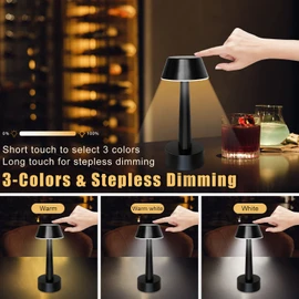 UMEXUS 2 Pack Rechargeable Small Cordless Table Lamp, LED Battery Operated Touch 3 Color Dimming Bedside Nightstand Desk Lamps Metal Portable Night Lights for Bedroom Bar Restaurant Outdoor Black
