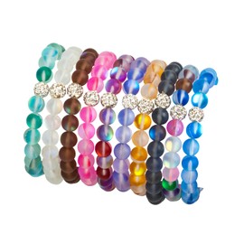 Africanbeads 5Pcs Mystic Mermaid Glass Bracelet with 8 mm Frosted White Glowing Moonstone Beads Stretch Bracelet with Rhistone Love Charm for Women Jewelry (Random)