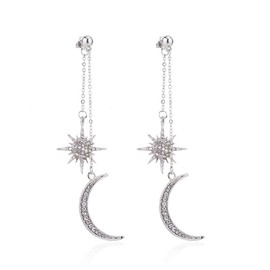 Dainty Long Dangle Earrings for Women Fashion Jewellry, Cute Gold Silver dangly, Upgrade Moon Stars Sun Earring-Silver