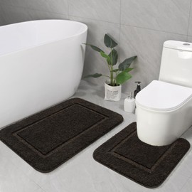 LOCHAS Bathroom Rug Set Brown, Soft Bath Rug Set 2 Piece, Toilet Mat U-Shaped 20x20 and 34x20 Bath Rugs, Quickly Dry Mats for Bathroom, Tub, Washable, Super Absorbent Floor Mat