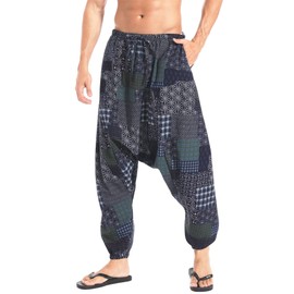 AITFINEISM Men's Causal Harem Pants Loose Drawstring Aladdin Boho Hippie Drop Crotch Trousers (Medium, New Blue)