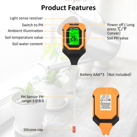 4-in-1 Soil Moisture Meter Digital PH Meter/Soil Moisture/Plant Temperature/Sunlight Intensity, Backlight LCD Display, Soil Test Meter for Garden, Lawn, Plant Care, Farm and Indoor Outdoor Plants