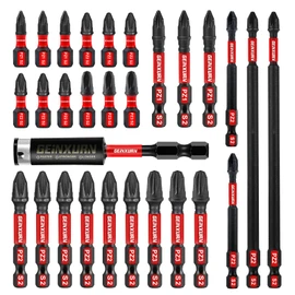 Geinxurn 28-Piece PZ1 PZ2 PZ3 Screwdriver Bit Set 25 mm 50 mm 75 mm 150 mm Length #1#2#3 Pozidriv Impact-Resistant Bit Set, 1/4 Inch Hex Shank S2 Alloy Steel with 1 Piece 60 mm Magnetic Bit Holder