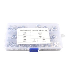 HALJIA 170PCS Lock Nuts Assortment, Stainless Steel Locknut M3 M4 M5 M6 M8 M10 M12 Threaded Inserts Hex Nut Set, 7 Sizes M3-M12 Nylon Insert Hex Nut Assorted Locking Nuts with Assortment Box