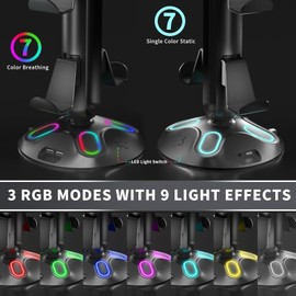 Gaming RGB Headphone Stand, AnnuoYi Controller Holder with 9 Light Modes - Headset Stand with 2 USB Charging Ports and 3.5mm & Type-C - Controller Stand Hanger Accessories for Desk and Gamer