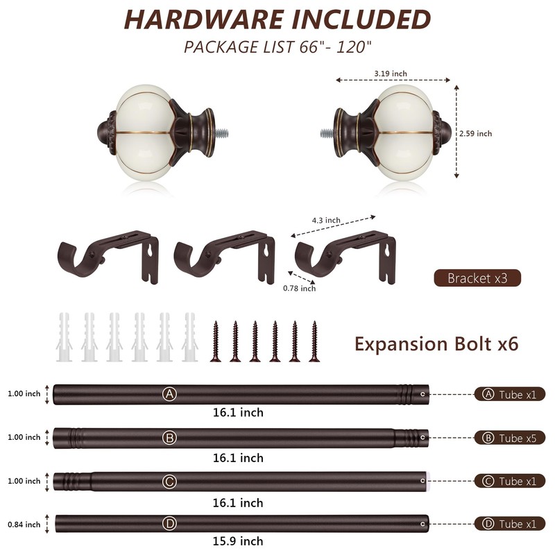 Ceramic Curtain Rods for Windows 66 to 120 Inch,1 Inch