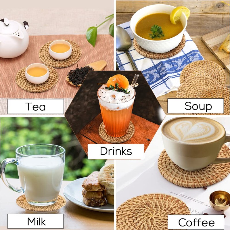 Rattan Coasters Set of 6pcs Handmade Woven Cup Coasters with