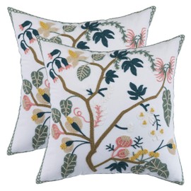 LUOYEHK Floral Embroidered Decorative Throw Pillow Covers 18x18 Inch Pack of 2, Farmhouse Spring Tree Flower Pillowcase for Living Room Sofa Bed