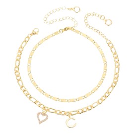 PATIKIL Initial Heart Ankle Bracelets for Women, 14K Gold Plated Dainty Heart Letter C Layered Anklets 26 Alphabet Chain Letter A-Z with Box for Summer Beach Gift, Gold Tone