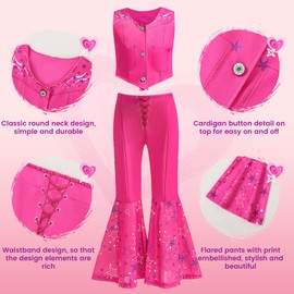 ZapLute Pink Cowgirl Costume for Girls 5-12 Doll Movie Including Vest Pant Silk Scarf Earrings Glasses Western Kids Outfit