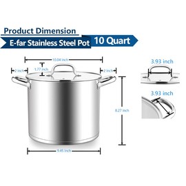E-far 10 Quart Pot, Stainless Steel Stock Cooking Pot with Glass Lid for Soup Canning Stewing Simmering, Heavy Duty Large Cookware with Triply Base for Induction Gas Ceramic Stoves, Dishwasher Safe