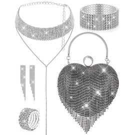 5 Pcs Heart Purse Rhinestone Tassel Evening Clutch Bag Valentine‘s Day Jewelry Set for Women Wedding Dinner (Black)