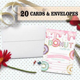 Birthday Party Invitation Cards, Donut Party Celebration, Doughnut，Party Supplies, Favors, 20 Cards With 20 Envelopes – (tianq01)