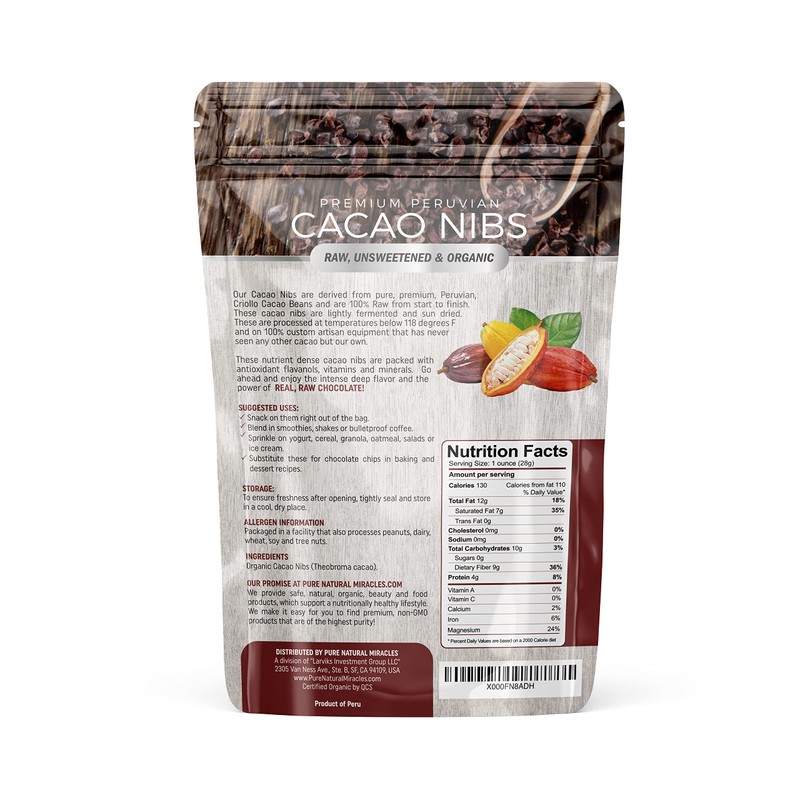 100% Pure Organic Cacao Nibs - 16 Oz - Unsweetened