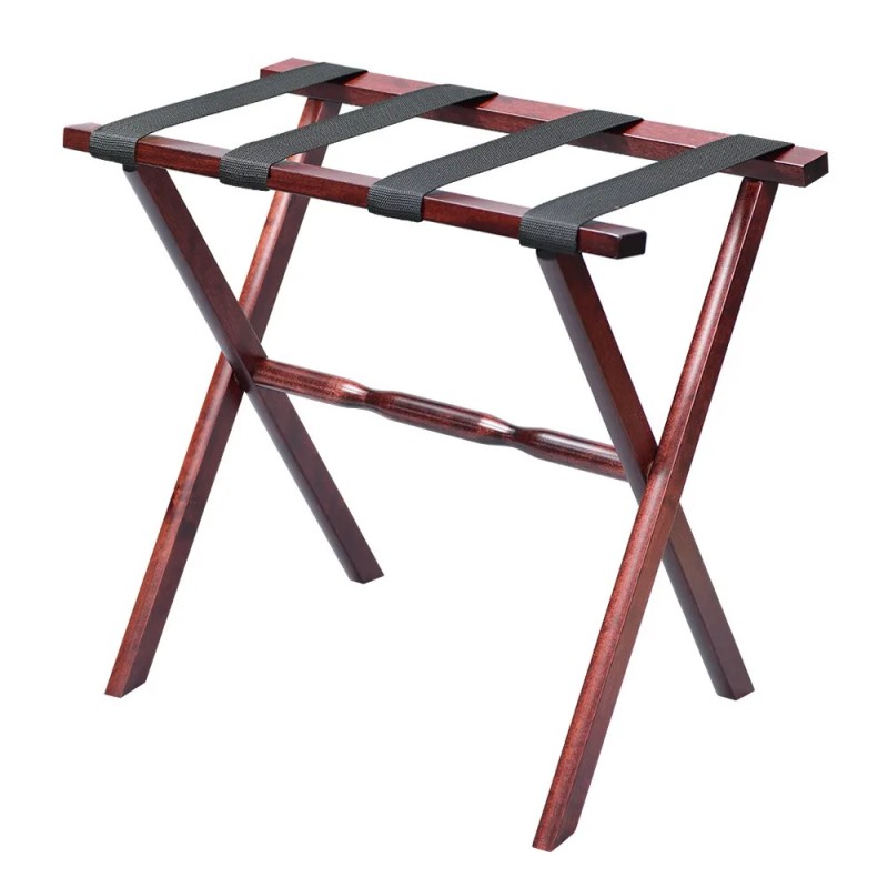 Homeroots Hotel Cherry Mahogany Folding Luggage Rack With Black Straps