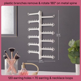 AllHungUp 12-Tier Wall Jewelry Organizer Wall Mounted Jewelry Organizer Necklace Holder Wall Mount Hanging Necklace Organizer Jewelry Hanger Wall Mounted Earring Holder Display Earring Organizer White