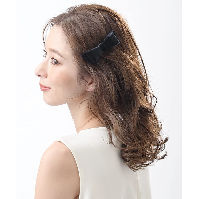 VingTAINE H-601-BK Velour Ribbon Barrette, Hair Accessory, Autumn & Winter,