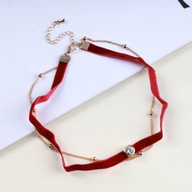 Inateannal Boho Red Velvet Choker Necklace Gold Layered bead Chain Necklace Vintage Satin Ribbon Necklace Jewelry for Women and Girls Gifts