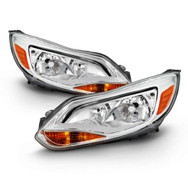 AKKON - Fits 2012-2014 Ford Focus 4Door Sedan Hatchback [Halogen Type] Chrome Trim Headlights Pair Driver Left+Passenger Right
