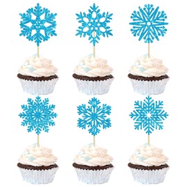 36 adornos de copos de nieve para cupcakes con purpurina azul y copos de nieve, decoraciones de pasteles congelados para baby shower, invierno, país de las maravillas de Navidad, fiesta, suministros de decoración de pasteles