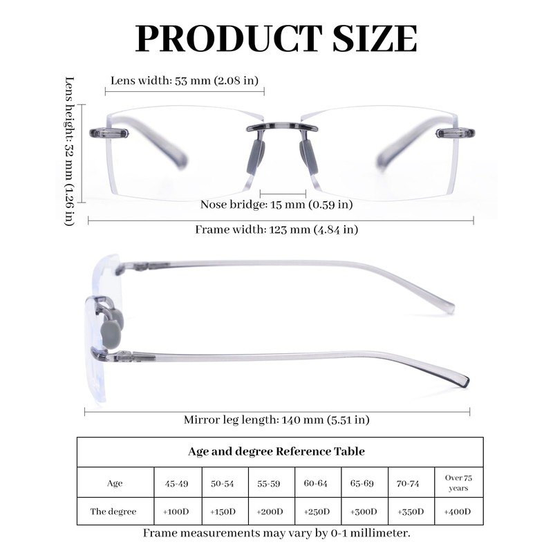 LUFF 3 Pack Rimless Reading Glasses Men Women- Comfortable Frameless