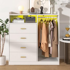 Bigbiglife Dresser with Clothes Rack for Bedroom Wood, 4 Drawer Dresser White with LED Lights and Power Outlet, 15.7" D x 43.3" W x 45.7" H, Tall Storage Chest of Drawers with Flexible Shelf,White