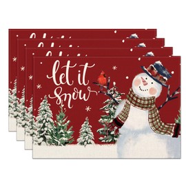 Christmas Placemats Set of 4, 12x18 Inch Red Snowman Let It Snow Table Mats, Seasonal Winter 24Xmas Holiday Table Decors for Home Kitchen Dining Party