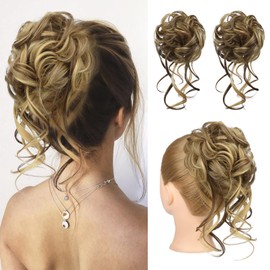 HOOJIH Messy Bun Hair Piece, 2PCS Tousled Updo with Tendrils Hair Bun Extensions Wavy Curly Hair Wrap Ponytail Hairpieces Hair Scrunchies for Women HB010 Dasiy - Medium Brown with Blonde Highlights