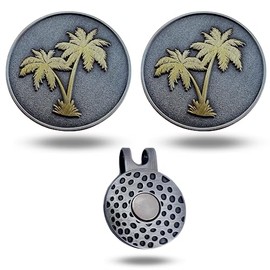 Full Metal Markers Palm Tree Unique Magnetic Metal Golf Ball Marker Accessory with Hat Clip for Men and Women (2 Ball Markers + 1 Hat Clip)