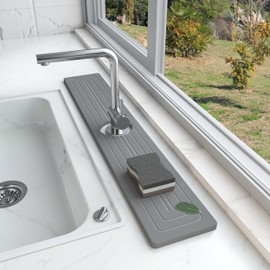 Faucet Mat for Kitchen Sink, Extra Long 23.6" Sink Splash Guard, Super Absorbent Quick Drying Kitchen Sink Splash Guard Anti-slip & Durable Diatomite Stone Sink Tray—Prevents Moisture Buildup. Gray