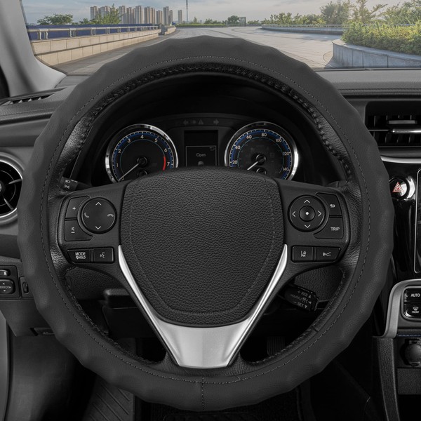 BDK Genuine Black Leather Steering Wheel Cover for Car, Small (13.5" - 14.5") – Ergonomic Comfort Grip for Men & Women, Car Steering Wheel Cover for Vehicles with Small Steering Wheels