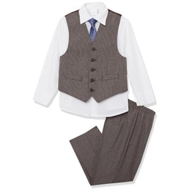 Van Heusen Boys' 4-Piece Formal Suit Set, Vest, Pants, Collared Dress Shirt, and Tie, Major Brown/White, 2T