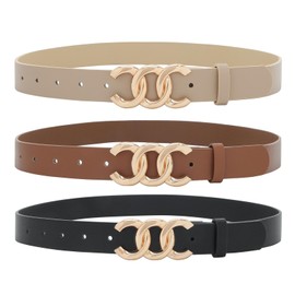 Earnda 3 Pack Women Belts for Jeans Dresses Fashion Gold Buckle Ladies Waist Belt Faux Leather Beige&Brown&Black Medium 30-33