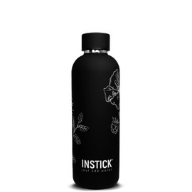 INSTICK Insulated Flask, Black, 500 ml, Stainless Steel Water Bottle with Floral Motif, Leak-proof for Hot & Cold Drinks, Ideal for Outdoor, Sports and Travel