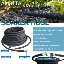 AMRITA Soaker Hose KIT,1/2inch 100ft Rubber Garden Hose 70% Water Saving,Black Heavy Duty Soaker Hose For Garden Lawn,Garden Raised Beds.(1/2-100FT)