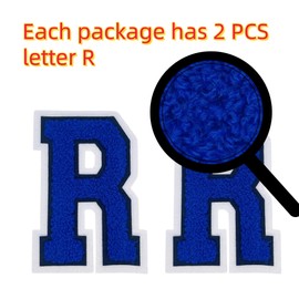 2Pcs 5.0" Blue Chenille Letter Patches, Iron On Embroidered Alphabet Patches for Clothing, Jeans, Jackets, Backpacks, Hats- Varsity Letters with White Border (Letter R)
