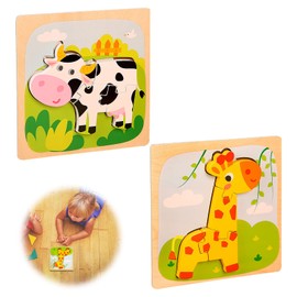 Montessori Wooden Puzzle, Set of 2, For Children 1-6 Years Old, Cute, Cow, Giraffe, Animal, 3D, Color Recognition, Shape Recognition, Boys and Girls, Building Blocks, Animals, Puzzle, Educational