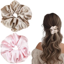 Flomiara Haargummis für Damen, Satin-Haargummis, weich, einfarbig, elastisch, dicke Bänder, großer Haargummi, Pferdeschwanz-Halter mit elastischen Haarbändern für dickes, dünnes, lockiges Haar, Rosa