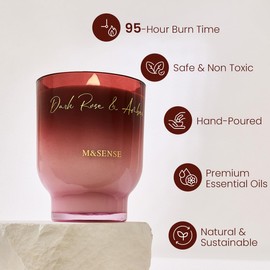 M&SENSE 16.6oz Natural Soy Large Jar Candle with Wooden Wick | Dark Rose Amber Scent | 95-Hour Burn & Long-Lasting Burn | Housewarming Gift for Men and Women