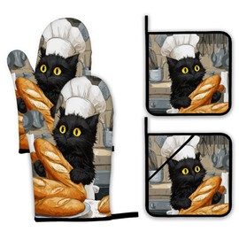 Cute Black Cat Oven Mitts and Pot Holders Set,Chef Kitchen Decor Heat Resistant Non Slip Hot Pads and Oven Mitt for Chef Cooking Baking BBQ Mom Girl Gifts(4 Piece Set)