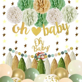 Greenery Baby Shower Decorations, Oh Baby Banner, Tissue, Paper Lanterns, Pom Poms, Sage Green Netral Boy or Girl Gender Reveal Party Supplies