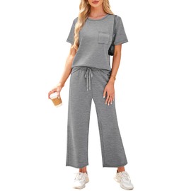 WIHOLL Summer Vacation Outfits for Women 2025 Resort Wear Matching Sets Women Clothing 2 Piece Holiday Beach Travel Airport Outfit Country Concert Lounge Sets Athleisure Grey 2XL