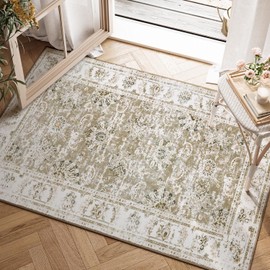 TOPICK Doormat Machine Washable Area Rug 60x90cm Taupe Floral Entryway Rug Indoor Vintage Rug Chenille Print Floor Cover Thin Rug Small Rug Lightweight Non Slip Kitchen Bathroom