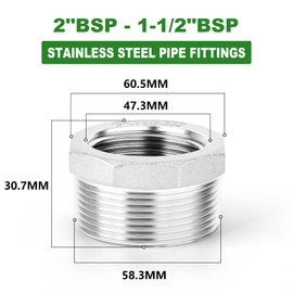 TAISHER 2 PCS 304 Stainless Steel Reducer Hex Bushing, 2" BSP Male x 1-1/2" BSP Female, Reducing Pipe Adapter Fitting, for Water Oill Air Gas