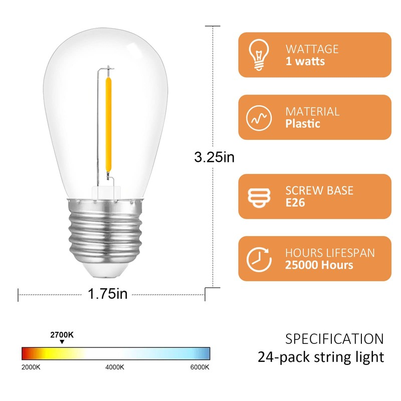 Visther 24-Pack String Light Bulbs, S14 Outdoor Waterproof Replacement Bulb,