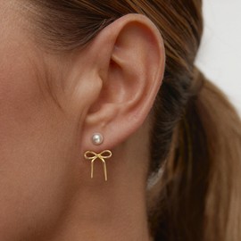 Nogesida Pearl Bow Earrings Stud for Women Trendy Cute Statement Dainty 14K Gold Plated Hoop Earrings Small Accessories Wedding Bridal Flat Back Ear Rings Dangle Drop Hypoallergenic Jewelry Gifts