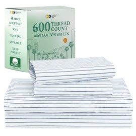 California Design Den Printed Striped Bed Sheets King Size Set - Luxury 600 Thread Count, 100% Cotton Sateen, Hotel Quality Deep Pocket King Sheet Set - Classic Blue Stripe Print