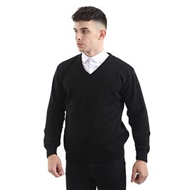 Brooklyn Clothing Mens V Neck Jumpers Soft Feel Acrylic Classic Fit Sweater Long Sleeve Casual Top (Black, XXL)