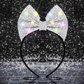 Formery Light Up Bowknot Headband Silver Sequin Bow Hairband Led Glitter Hair Accessories for Girls