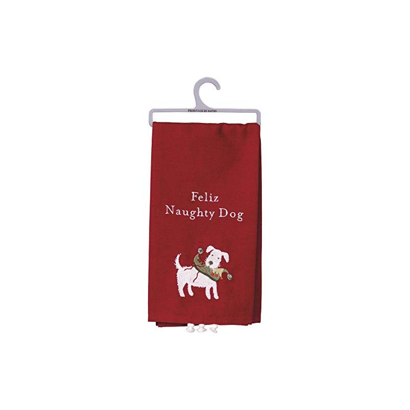 Primitives by Kathy Feliz Naughty Dog Dish Towel, Red